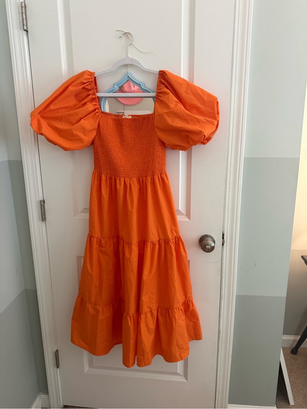 Vibrant Orange Puff-Sleeve Tiered Maxi Dress